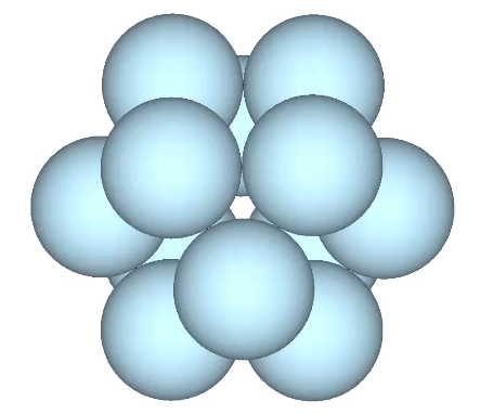 Sphere model of the jitterbug viewed perpendicular to a fixed triangular "face."
