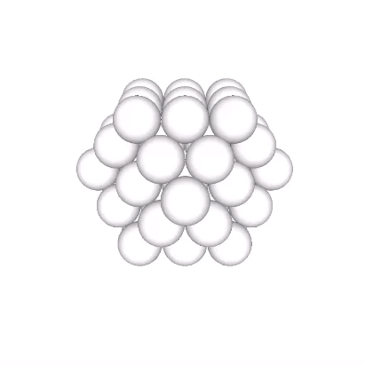 Fourty-two spheres radially close packed around a central sphere, animated to show that it constitutes each of the three methods of stacking spheres.