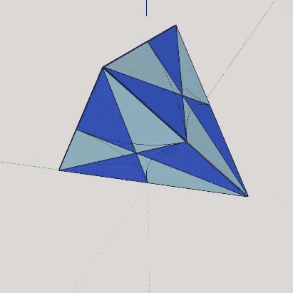 The four faces of the regular tetrahedron form the base of four identical quarter-tetrahedra separating from their common vertex at the tetrahedron's center.