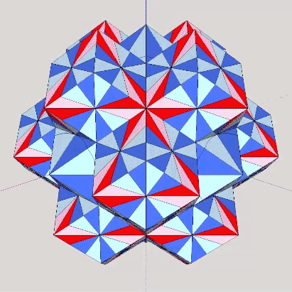 The two alternate quanta module constructions of the rhombic dodecahedron, one representing spheres and other spaces, exchanging identities during the jitterbug transformation by turning themselves inside out. 