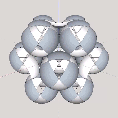 Twelve close-packed unit spheres and six concave VEs surrounding a unit-sphere nucleus exchanging identities in the jitterbug transformation. Spaces become spheres, and spheres become spaces by turning themselves inside-out.