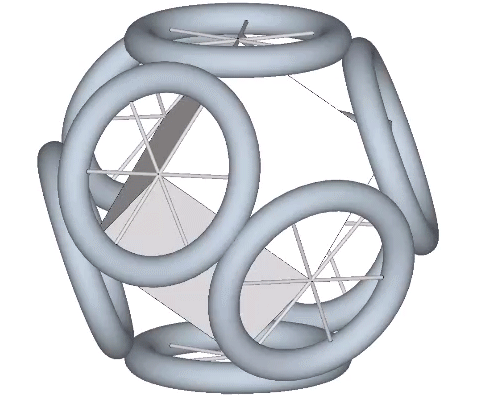 Eight wheels centered on the corners of the cube and synchronously spinning along the cube's four radial axes. With the top and bottom wheels fixed, the remaining six wheels rotate around the equatorial axis.