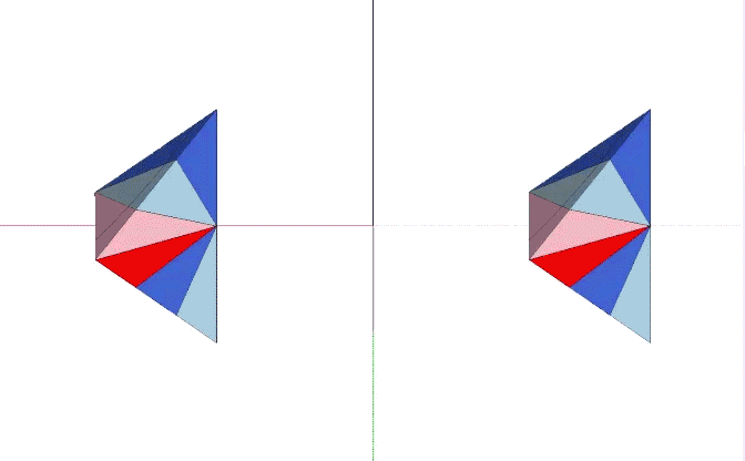 The Coupler (left) and the one-sixth rhombic dodecahedron (right) constructed from Mites duplicated around a vertical (left) or horizontal (right) axis.