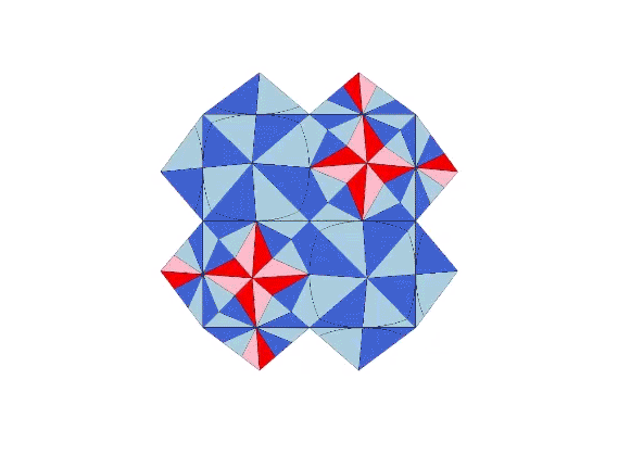 Two each of the two quanta module constructions of the rhombic dodecahedron merging and diverging around a common center to reveal a single common Coupler.