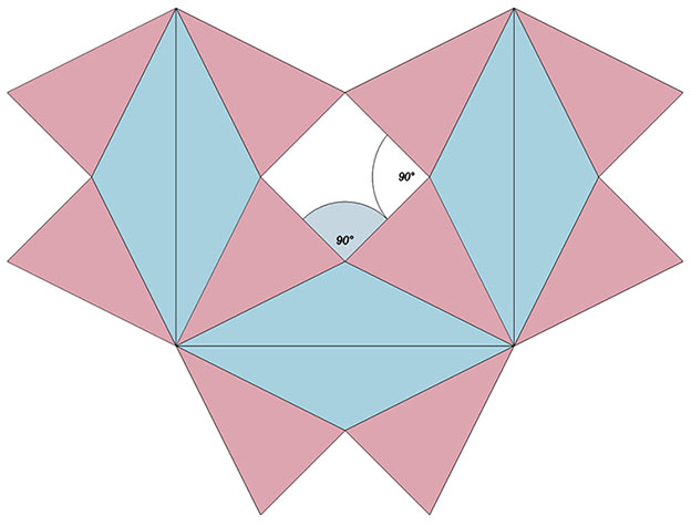 Close-packed Jessen orthogonal icosahedra and square holes formed from their concave faces.