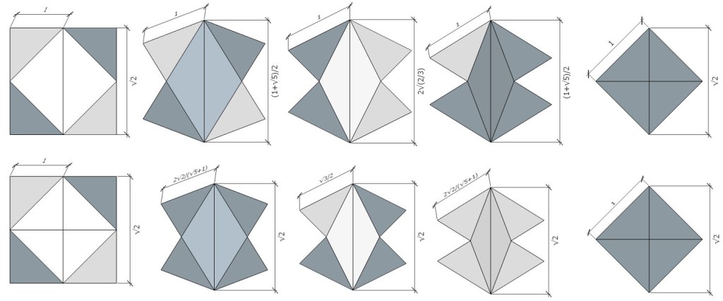 Dimensions of the six-strut tensegrity sphere at phases of the jitterbug with tendon length held constant (top) and with strut length held constant (bottom)