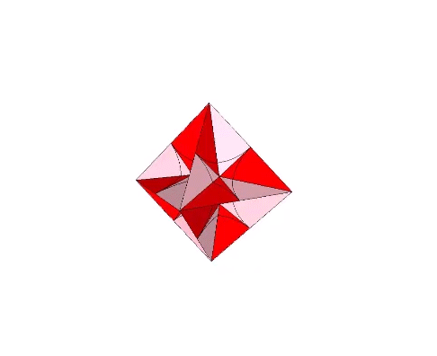 The 48 B modules at the core of the rhombic dodecahedron divided into six groups of eight with their faces faces pointing either inward (to model the space) or outward (to model the sphere).