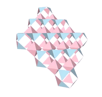 Rhombic lattice of 25 jitterbugging polyhedra, pausing at the phases that describe the regular icosahedron and its complement.