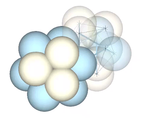 The spheres model of the jitterbug superimposed onto two six-strut tensegrities which are alternately transforming between their two vector equilibrium phases. Diverging spheres are always simultaneously merging with adjacent spheres and never completely separate.