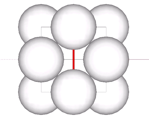 A single six-strut tensegrity with spheres centered on the endpoints of each strut, jitterbugging between the its VE and octahedron phases. The spheres are semi-transparent and are rendered as opaque at the VE phase, held in place by the compression of the struts resisting the tension of the tendons.