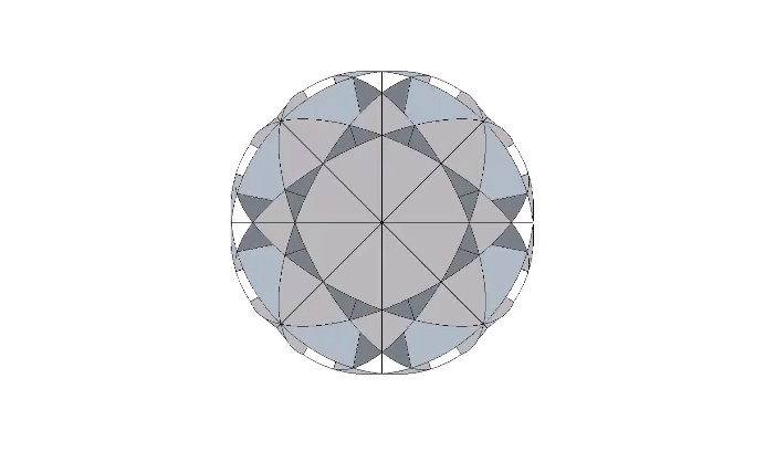 Bow-ties folded from the twelve great circle disks combine to form a complex spherical polyhedron with no easily discernible pattern. 
