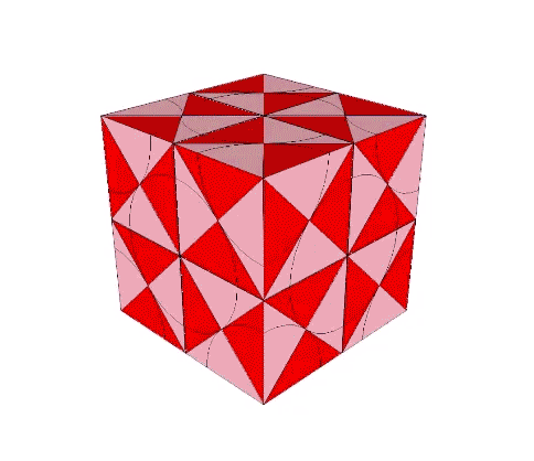 Jitterbug modeled as A and B quanta modules. Eight cubes, each containing one tetrahedron, are rotated 90° to alternately disclose one of two quanta module constructions of the rhombic dodecahedron, one representing a sphere, and one representing a space.