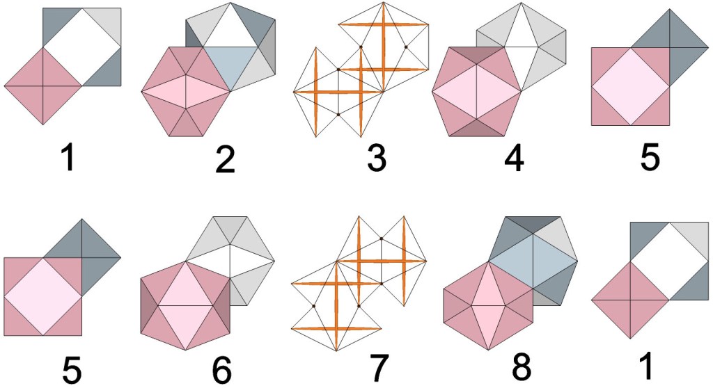 Phases of the jitterbug, from the VE, through the icosahedron phases, to the octahedron, and back again.