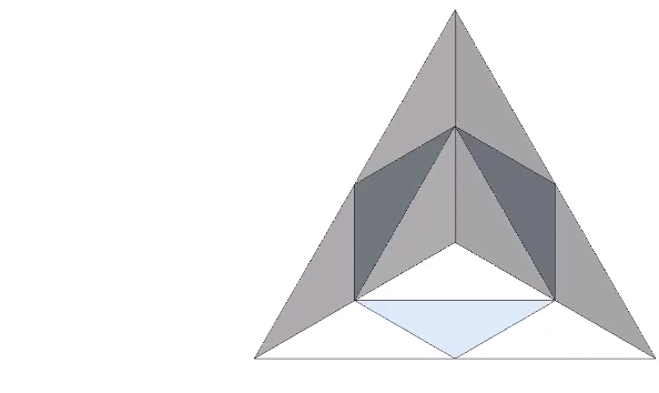 Octahedron emerging from the center of four tetrahedra stacked to form a larger tetrahedron.