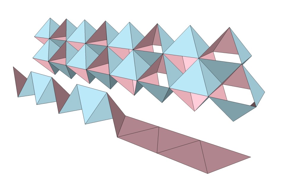 Linear ribbons of equilateral triangles folded into chains of edge-bonded half octahedra and combined to form the isotropic vector matrix.