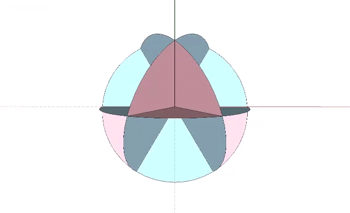 The bow-ties folded from the four great circle disks, with once side colored pink and the other blue, combine to form the spherical VE.