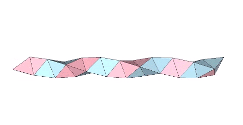 Two ribbons (pink and light blue) each constituting one helix of a double-helix surrounding a third (gray) folded as the interior faces of a tetrahelix.