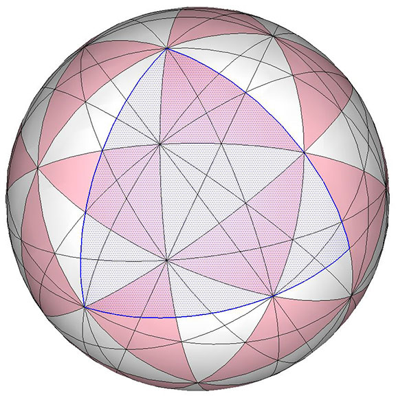 Sphere inscribed with the 25 great circles of the vector equilibrium with one face of the alternate spherical octahedron highlighted. 