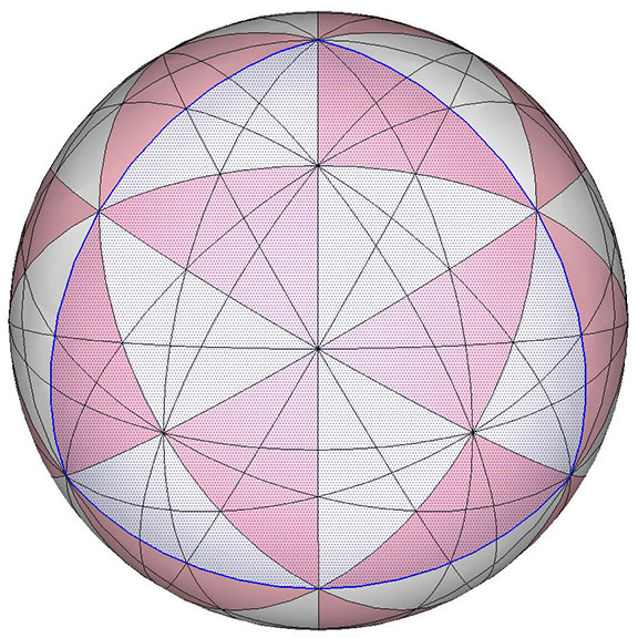 Sphere inscribed with the 25 great circles of the vector equilibrium with one face of the spherical tetrahedron highlighted.