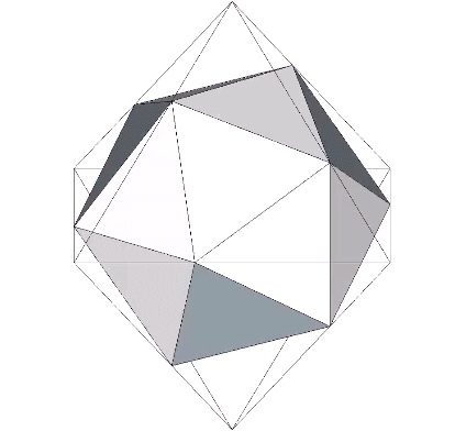 The icosahedron inscribed inside a wireframe model of the octahedron.