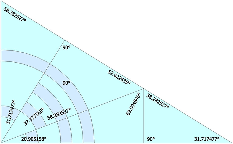Rhombic triacontahedron projection of basic disequilibrium LCD triangle with all exterior and interior angles indicated.
