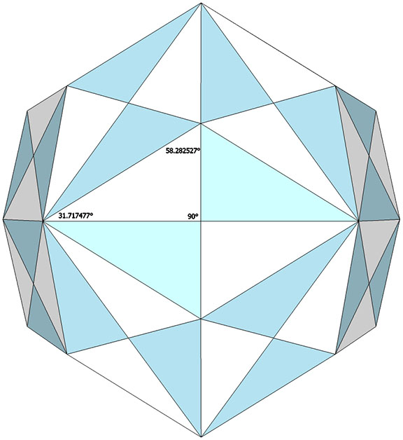 Rhombic triacontahedron with each rhomboid face subdivided into four right triangles. 