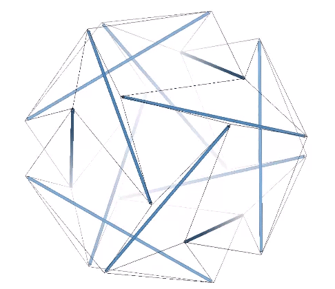 The twelve-strut tensegrity sphere transforming into the tensegrity octahedron, and vice versa.
