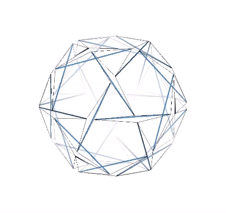 Thirty-strut tensegrity sphere transforming into the non-structural tensegrity pentagonal dodecahedron.