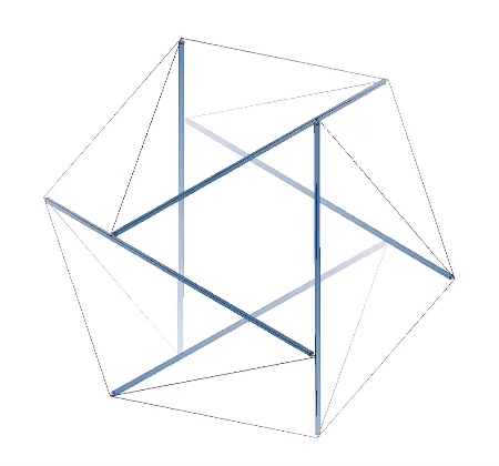 The six-tensegrity sphere alternately transforming into the positive or negative tensegrity tetrahedron, and vice versa.