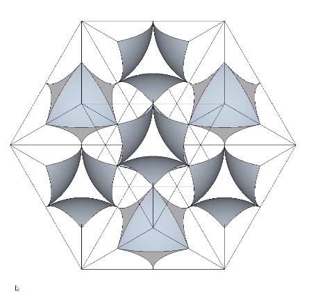 The jitterbug transformation modeled by eight concave octahedra rotating 90° to alternately define a sphere or a space at their common center.
