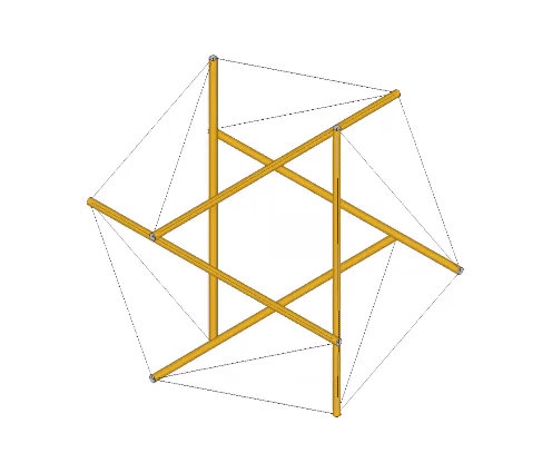 The six-strut tensegrity alternately expanded and compressed in recapitulation of the jitterbug transformation.