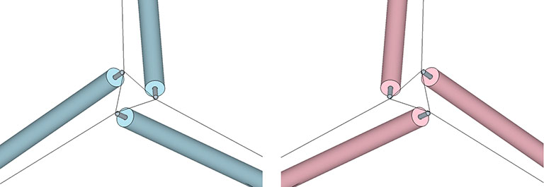 Vertices of the tensegrity tetrahedron, showing a clockwise torque on the left, and a counter-clockwise torque on the the right. 
