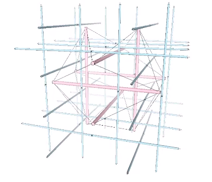 Jitterbug modeled as eight six-strut tensegrities with unit-length struts enclosing a central six-strut tensegrity with strut length equal to the second power root of two. The eight tensegrities alternate between positive and negative tetrahedra, and the central tensegrity expands and contracts between the VE and the octahedron.