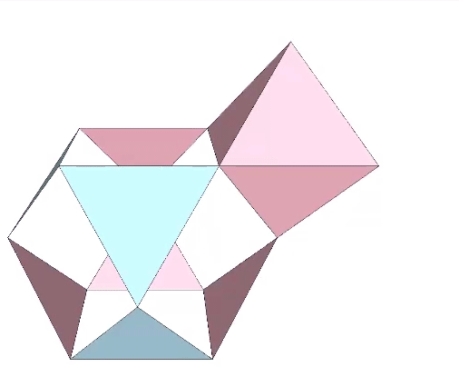 A vector equilibrium face bonded to an octahedron, each constructed of eight vertex-hinged triangles, alternately transforming from one into the other.