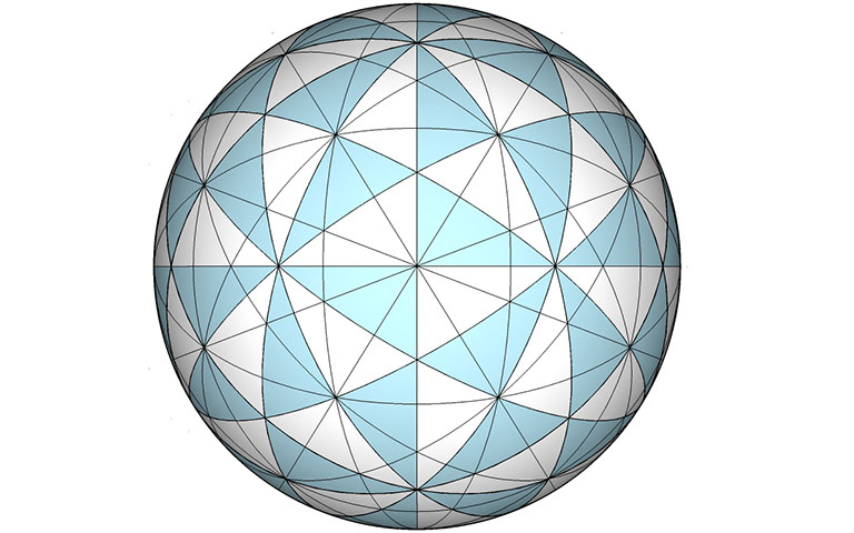 Sphere inscribed with the 31 great circles of the icosahedron, with the basic disequilibrium LCD triangles highlighted in light blue.