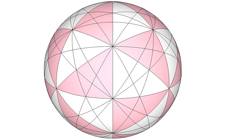 Sphere scribed with the 25 great circles of the VE and with the 48 basic equilibrium LCD triangles highlighted.