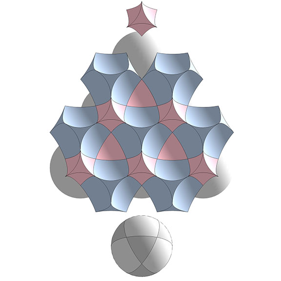 Interstitial model of the isostropic vector matrix. The blue concave vector equilibria (VEs) and pink concave octahedra expose the surfaces of the spaces and interstices between the spheres, represented as gray, spherical VEs.