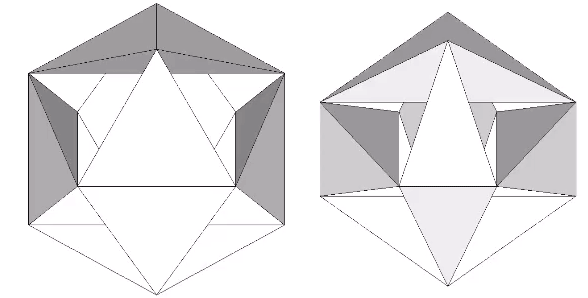 Six irregular tetrahedra occupy the concavities of the concave regular icosahedron (left) and its concave complement (right).