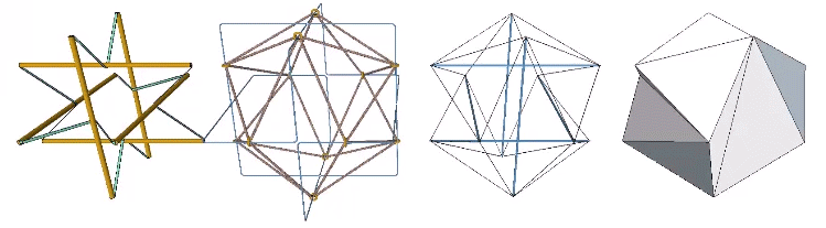 The Jessen Orthogonal Icosahedron (right) with models demonstrating tensor equilibrium: 6-strut tensegrity constructed with elastic slings (left); eight equilateral triangle elastic loops stretched over a cubic scaffold with frictionless rings (center left); the 6-strut tensegrity sphere with continuous tension web (center right).