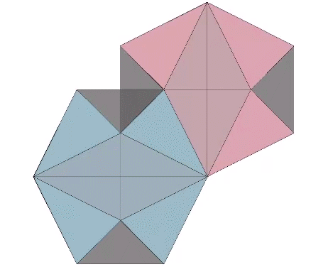 Two face-bonded Jessen iccosahedra, one positive and one negative.