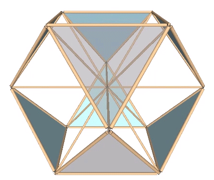 Vector equilibrium modeled with struts and flexible connectors transforming into an octahedron and back again.