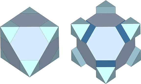 The vertices of the regular octahedron (left) are truncated to construct the Kelvin, or truncated octahedron, (right).