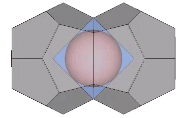 Two tetrakaidecahedron, face bonded on their hexagonal face, with a non-unique nucleus and the square face of  a Kelvin at their common center. 