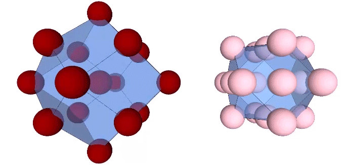 Radially distributed nuclei (red spheres) at the vertices of transparent 3F rhombic dodecahedron (left). Radially distributed non-unique nuclei (pink spheres) at the vertices of a transparent 2F VE (right).