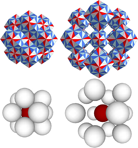 Twelve quanta module constructions of the rhombic dodecahedron close-packed around the rhombic dodecahedron at the center of the VE (top). Radially close packed spheres consisting of a nucleus and a 12-sphere shell (bottom).