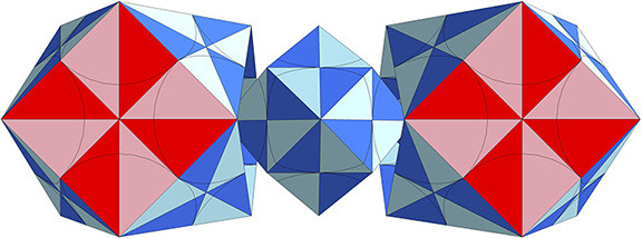 Two quanta module constructions of the VE separating to reveal a rhombic dodecahedron "space" between them.