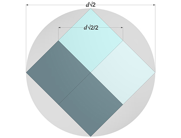 A rhombic dodecahedron circumscribed by a sphere, illustrating its circum-sphere diameter.