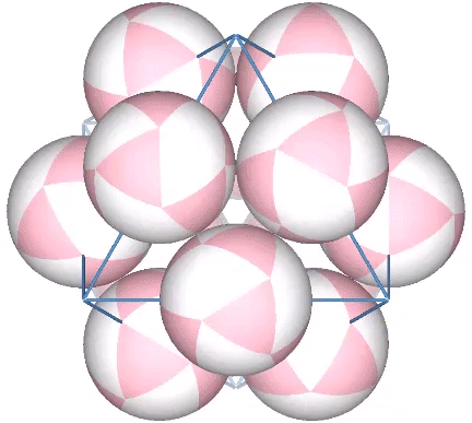 Twelve close-packed spheres synchronously spinning on axes configured as the edges of a regular octahedron.