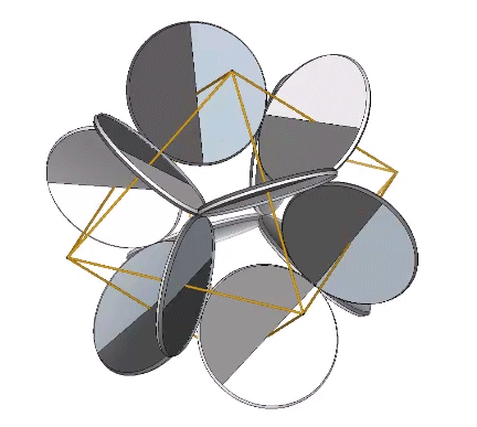 Twelve disks synchronously spinning on axes configured as the edges of a regular octahedron.