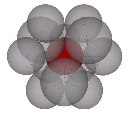 Twelve transparent unit-radius spheres close packed around a red unit-radius nuclear sphere, all centered at the vertices of a vector equilibrium represented as lines, all of equal length, connecting the sphere centers.